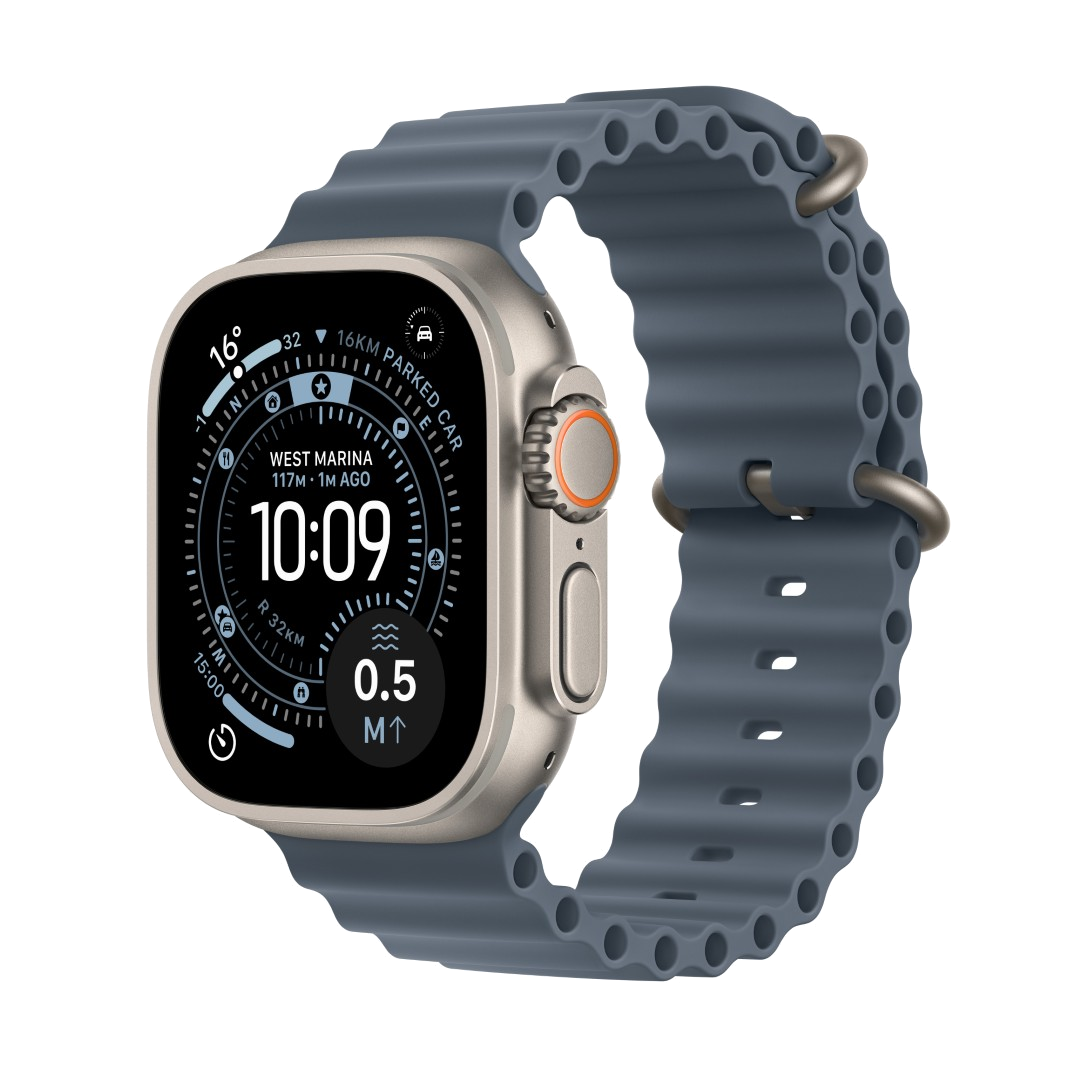 Srebrny Apple Watch Ultra z niebieskim paskiem wyświetla godzinę. Zegarek pokazuje 10:09 i ma różne wskaźniki na ekranie.