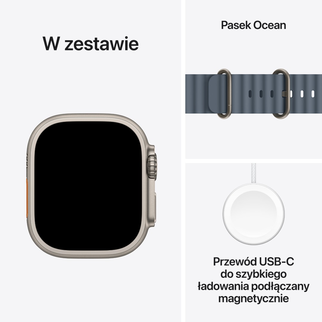 Obrazek przedstawia Apple Watch z paskiem Ocean i kablem ładującym USB-C. Zegarek jest srebrny z czarnym ekranem. Pasek jest niebieski.