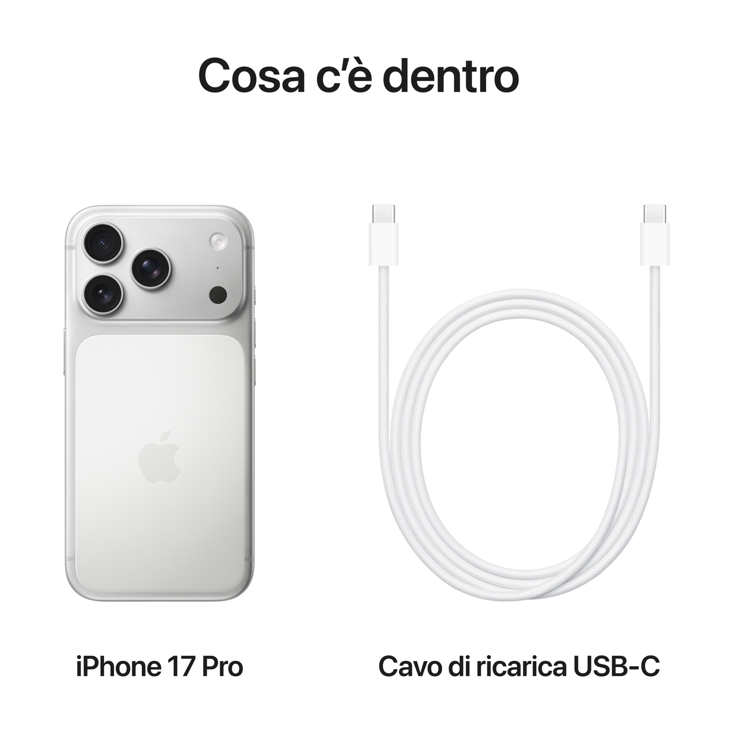 Un iPhone 17 Pro e un cavo di ricarica USB-C bianco sono in mostra. Il telefono è argento, il cavo è arrotolato.