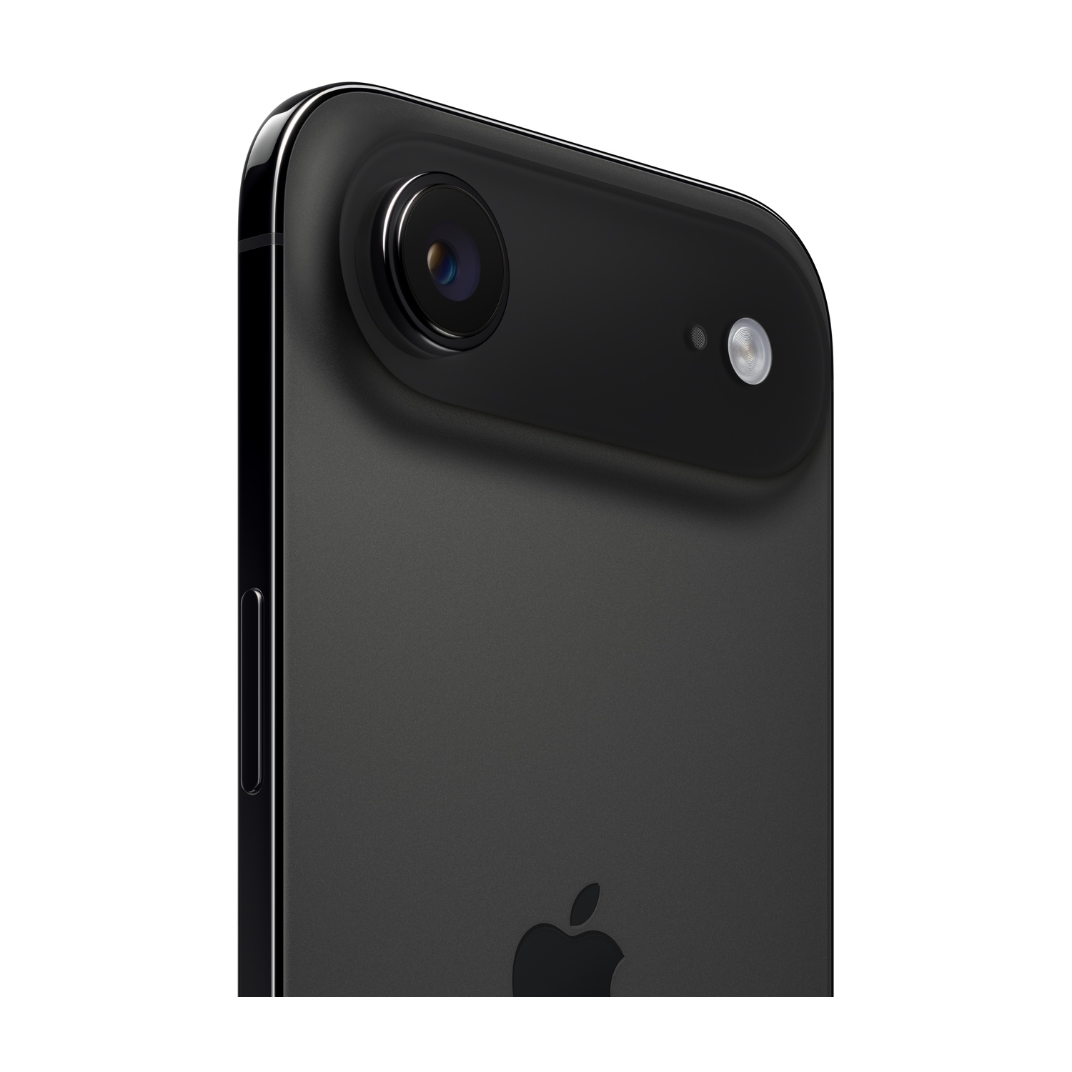 Primo piano della parte posteriore di un iPhone nero. Sono visibili la fotocamera e il flash, insieme al logo Apple. Il telefono è su sfondo bianco.