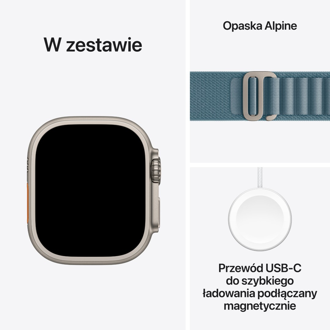 Wyświetlany jest smartwatch, pasek Alpine i kabel ładujący. Zegarek jest szary, pasek niebieski, a ładowarka biała.