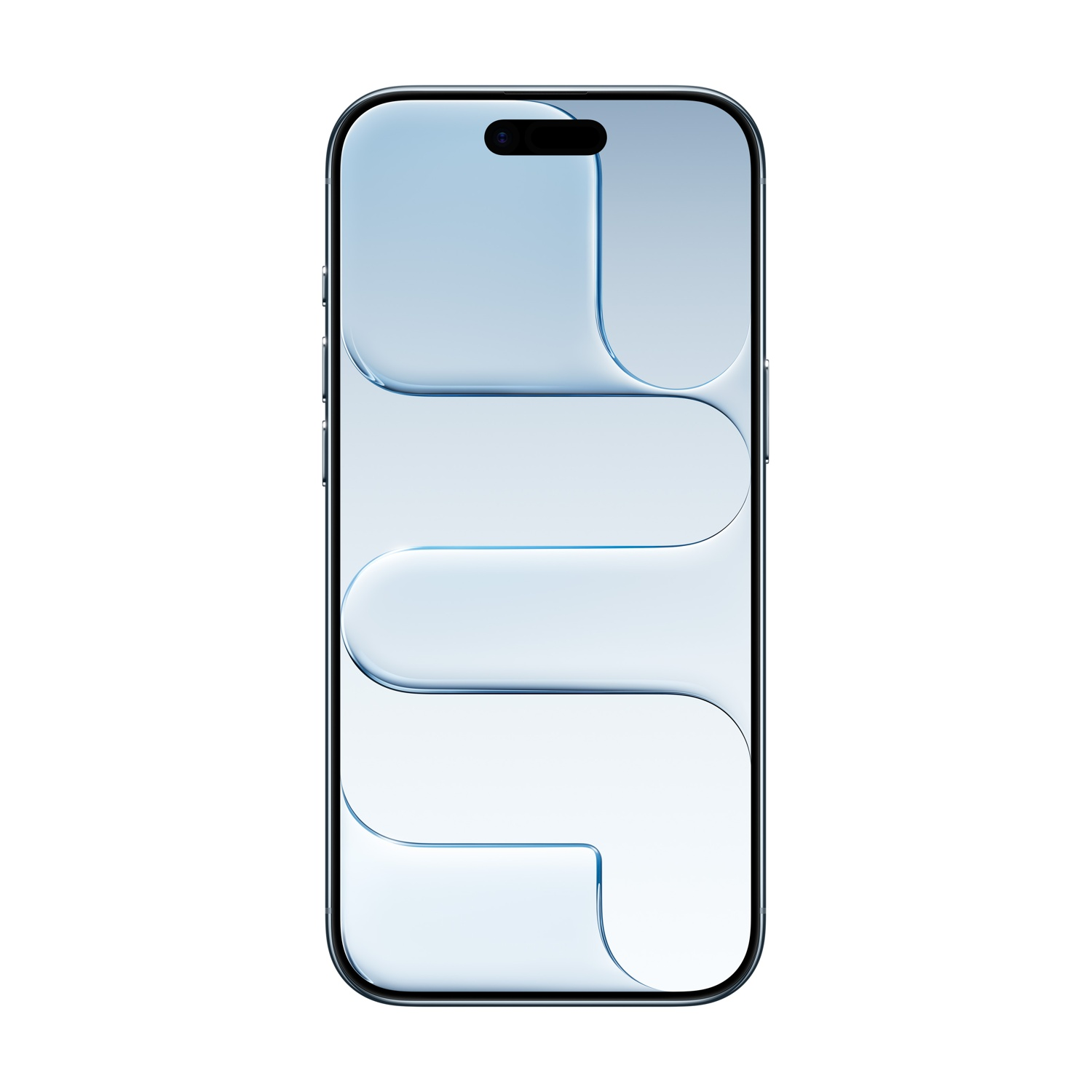 Uno smartphone con schermo azzurro che mostra forme curve. Il telefono ha una cornice nera e una fotocamera in alto.