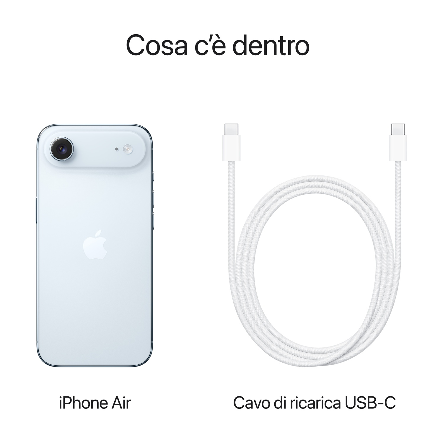 Un iPhone Air e un cavo di ricarica USB-C sono visualizzati su sfondo bianco. L'iPhone è azzurro e il cavo è bianco.
