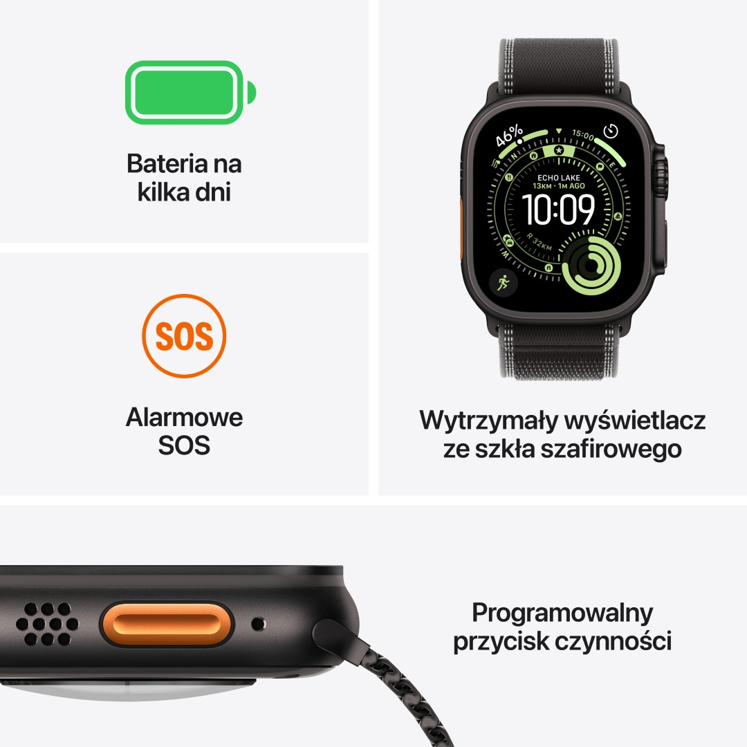 Apple Watch Ultra wyświetla godzinę, żywotność baterii i funkcje SOS. Pokazuje czarny zegarek z pomarańczowym przyciskiem.
