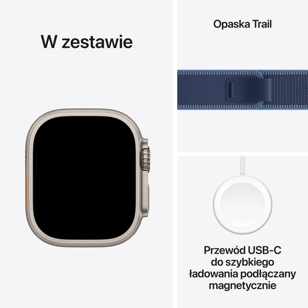Apple Watch, opaska Trail i magnetyczny kabel USB-C do ładowania, wszystko na białym tle. Obecny jest tekst w języku polskim.