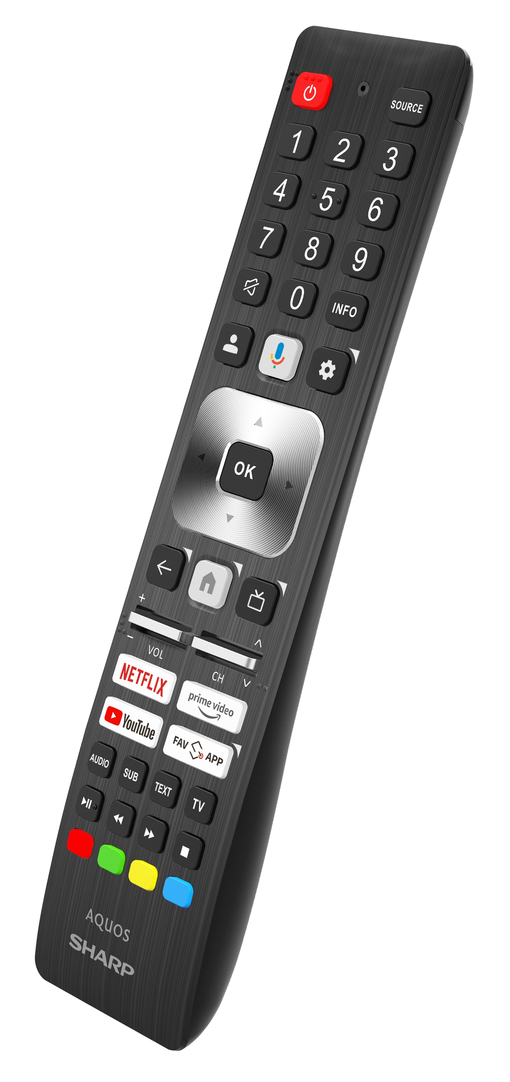 Czarny pilot do telewizora Sharp Aquos. Zawiera przyciski numeryczne, elementy sterowania nawigacją oraz dedykowane przyciski Netflix i YouTube.