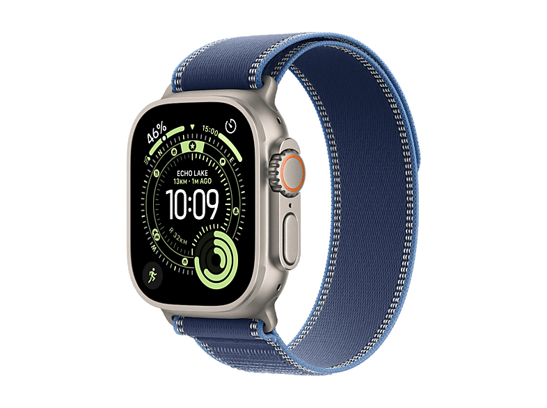 Apple Watch Ultra 3 GPS + Cellular, koperta 49 mm z tytanu w kolorze naturalnym, opaska Trail w kolorze niebieskim/jaskrawoniebieskim - rozmiar M/L