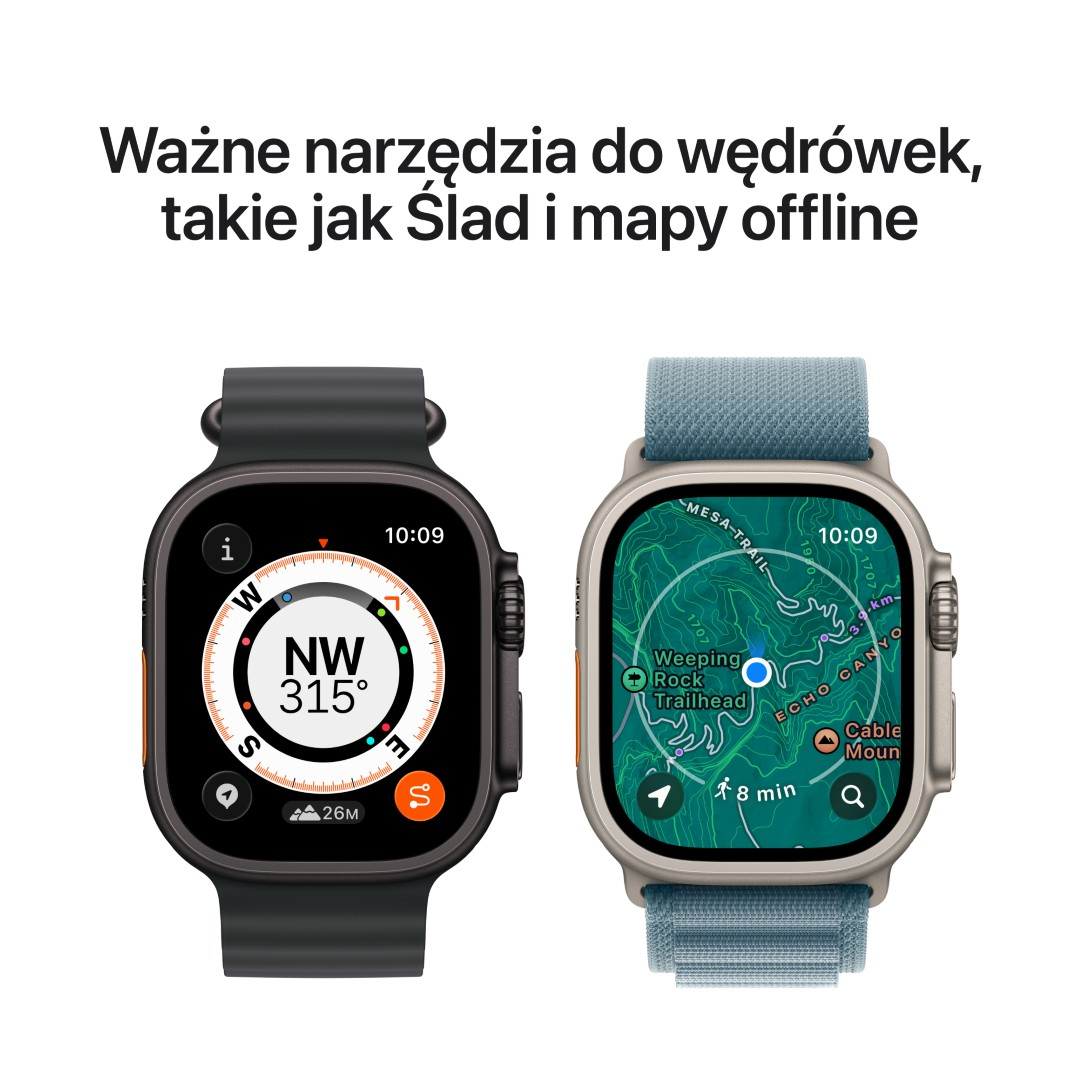 Dwa smartwatche obok siebie, wyświetlające kompas i mapę. Tekst u góry mówi: 'Ważne narzędzia do wędrówek, takie jak Ślad i mapy offline.'