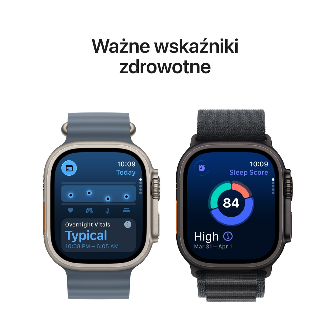 Dwa smartwatche wyświetlają wskaźniki zdrowotne. Jeden pokazuje witalne parametry nocne, drugi wynik snu 84. Napis: Ważne wskaźniki zdrowotne.