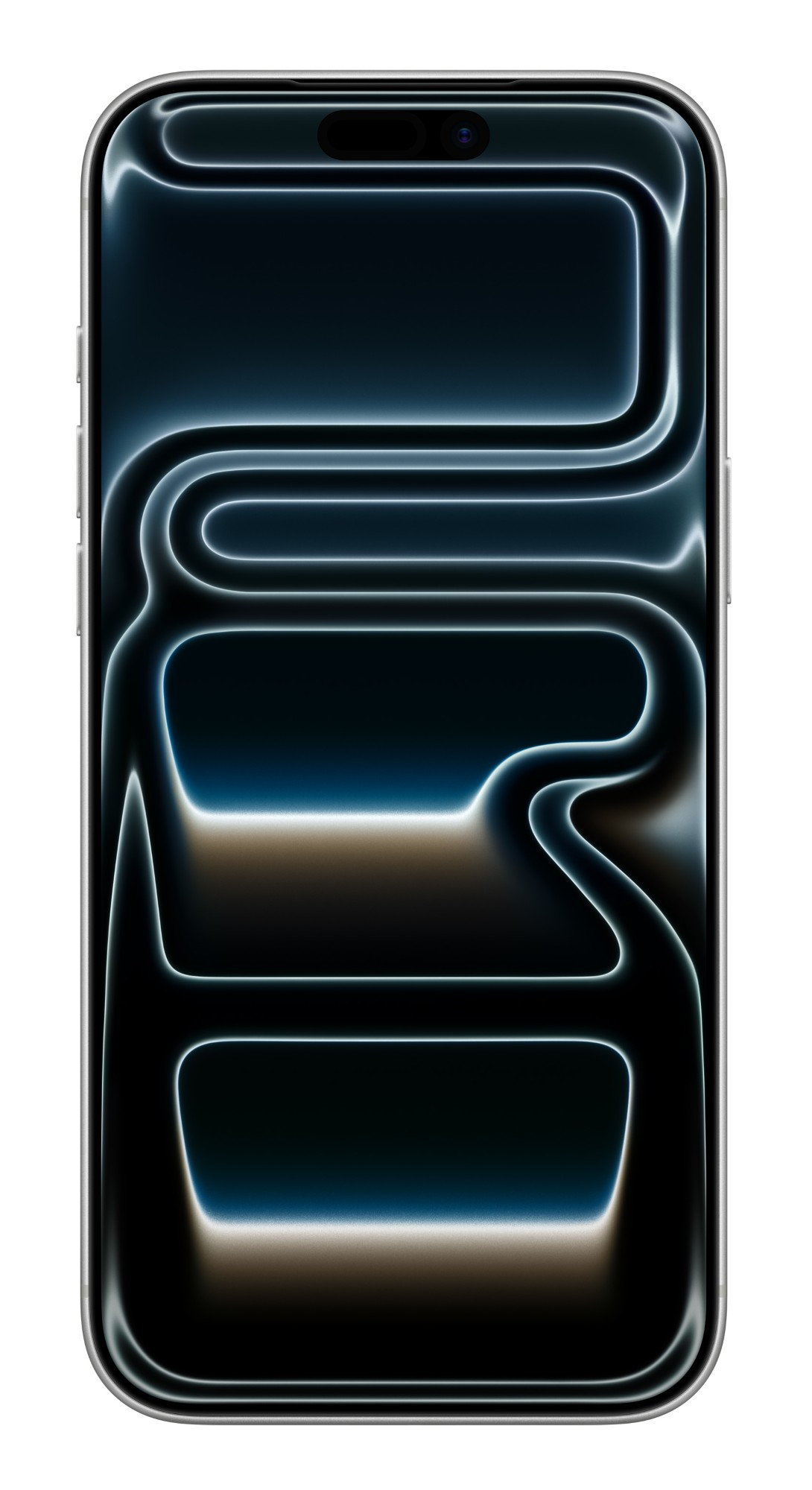 Smartfon z ciemną, abstrakcyjną tapetą z świecącymi białymi liniami i gradientem od niebieskiego do brązowego.