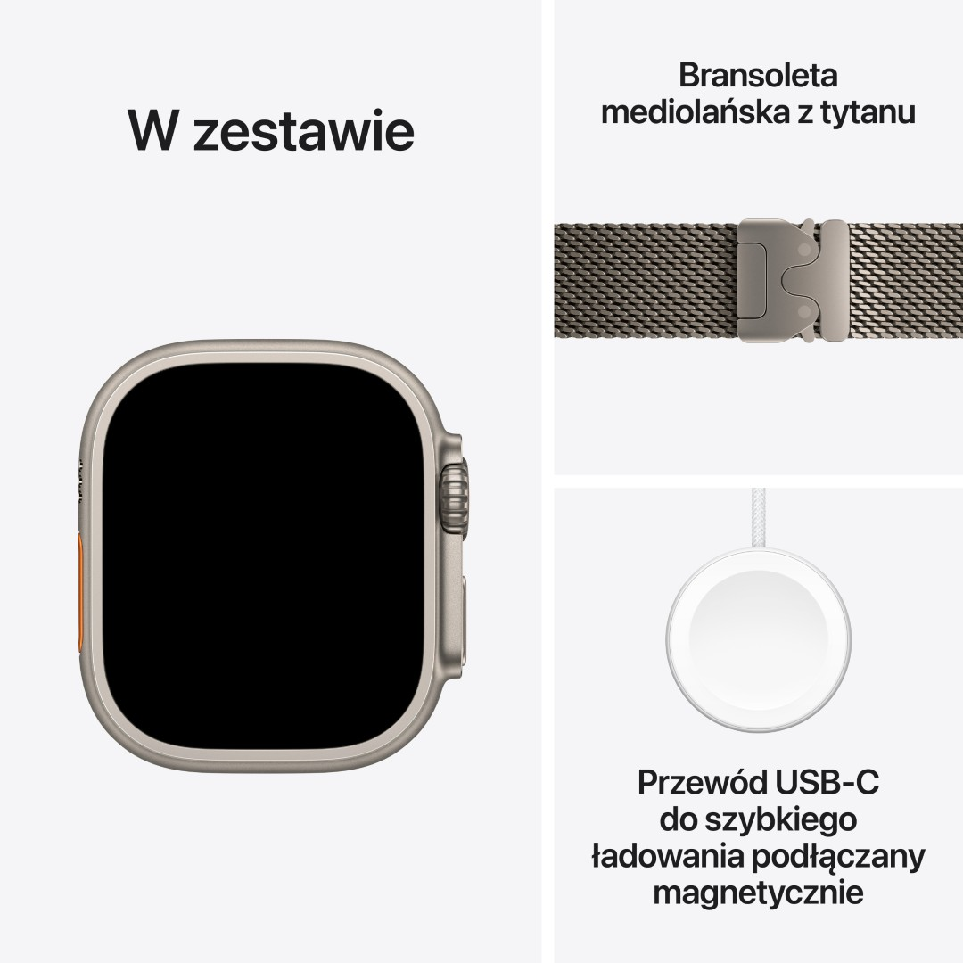 Wyświetlany jest Apple Watch, metalowa opaska i ładowarka. Zegarek ma czarny ekran.