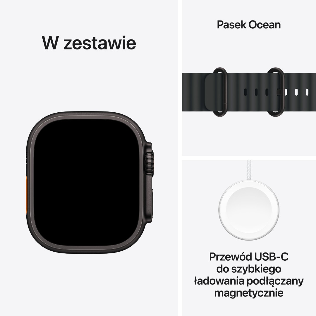 Apple Watch Ultra z czarnym ekranem, paskiem Ocean i kablem ładującym USB-C na białym tle.