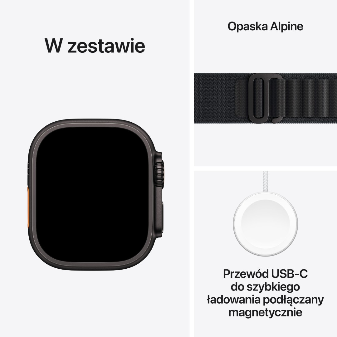 Czarny smartwatch, pasek Alpine i magnetyczny kabel ładujący USB-C na białym tle. Zawarte w zestawie.