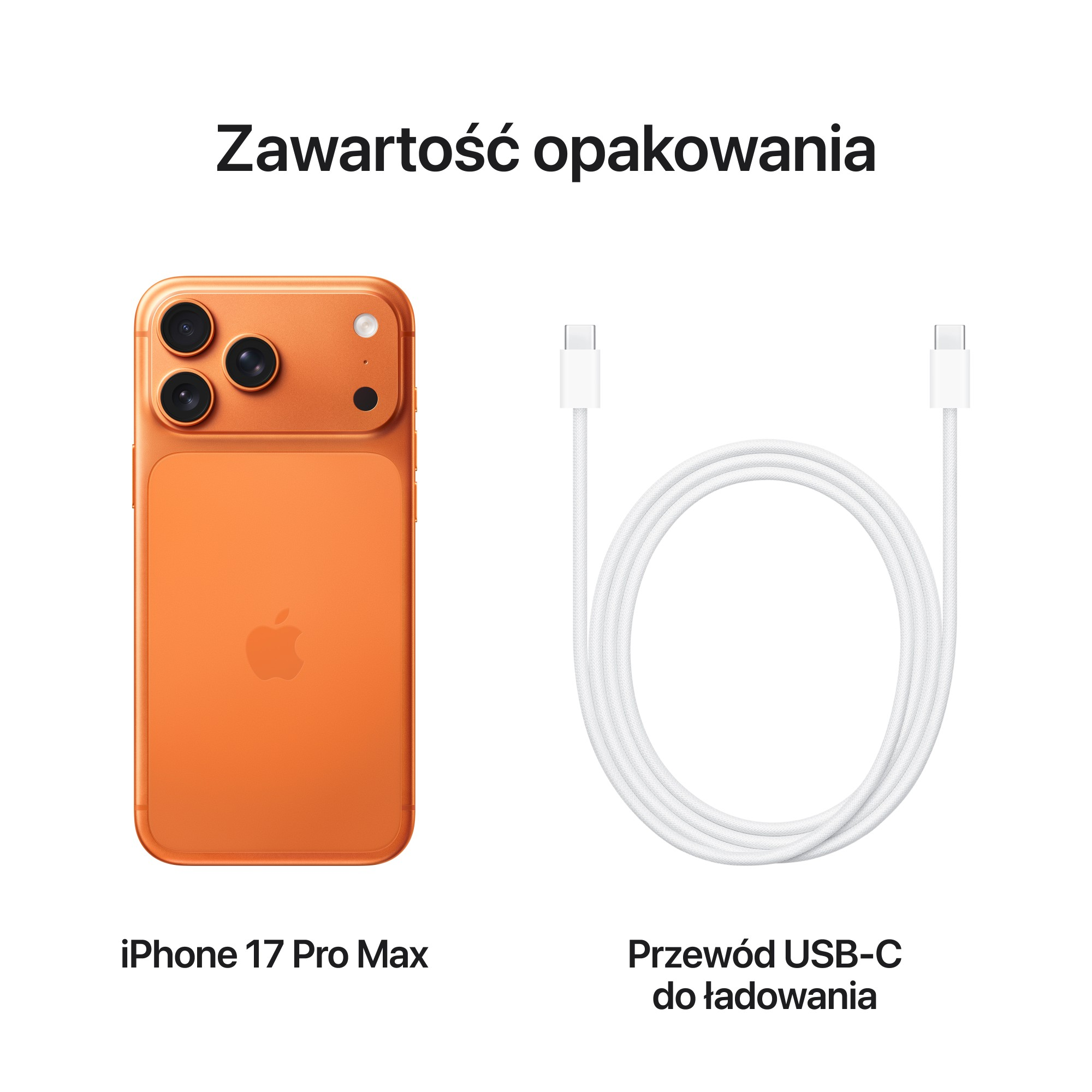 Pomarańczowy iPhone 17 Pro Max i biały kabel do ładowania USB-C. Telefon ma trzy aparaty. Tło jest białe.