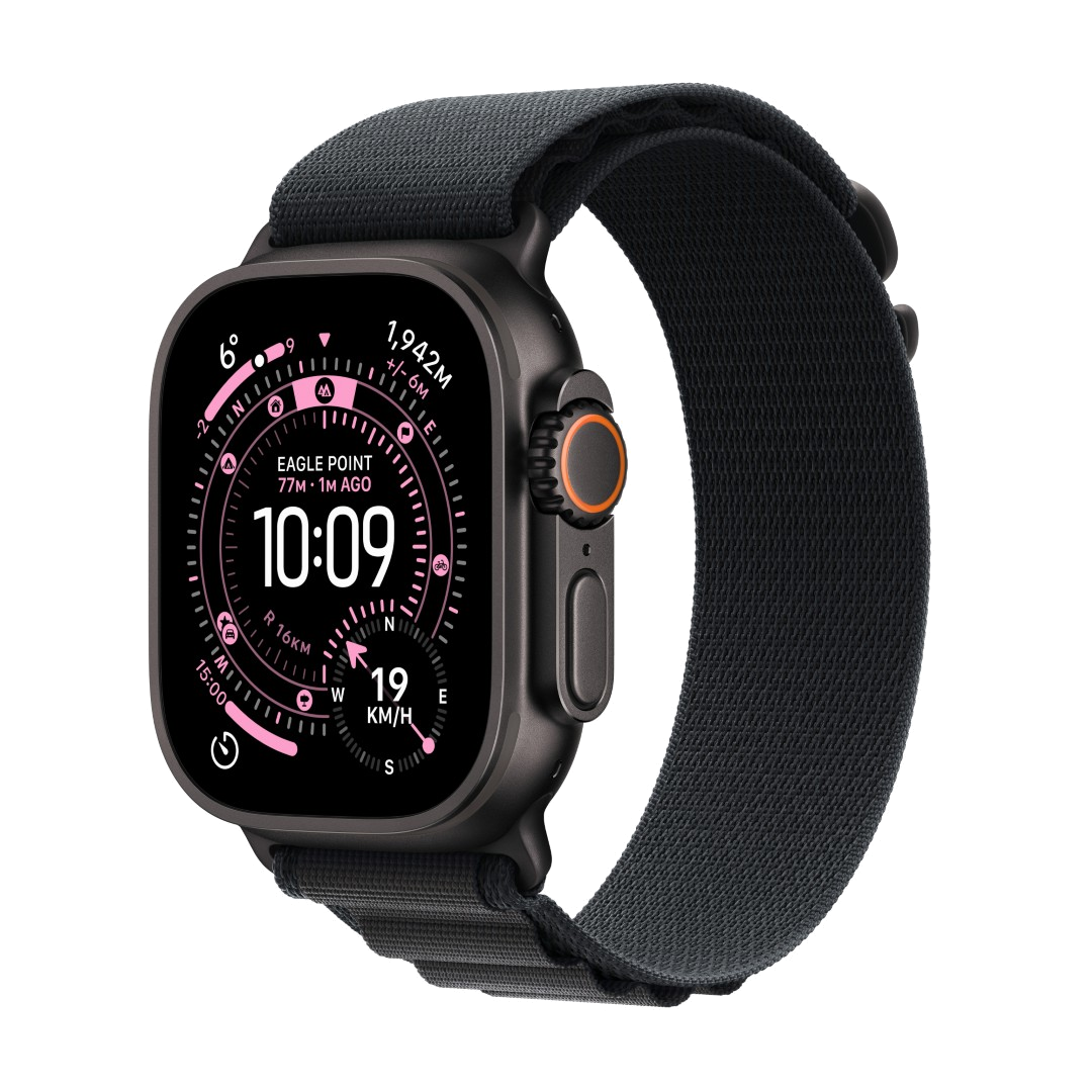 Czarny Apple Watch Ultra wyświetla godzinę 10:09, wysokość i prędkość. Ma czarny pasek i pomarańczową tarczę. Tło jest czarne.