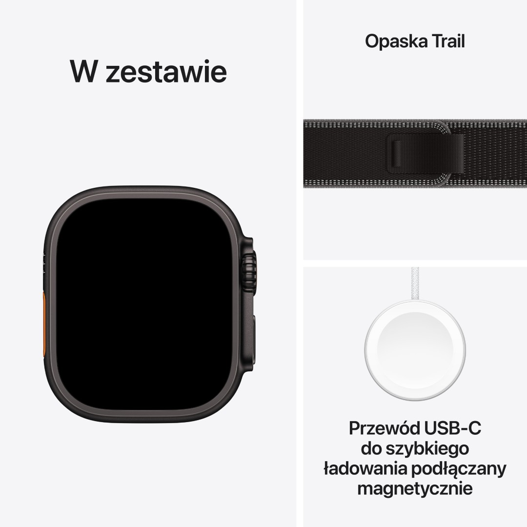 Apple Watch Ultra z paskiem Trail i magnetycznym kablem ładującym USB-C. Zegarek jest czarny z pomarańczowym przyciskiem bocznym.