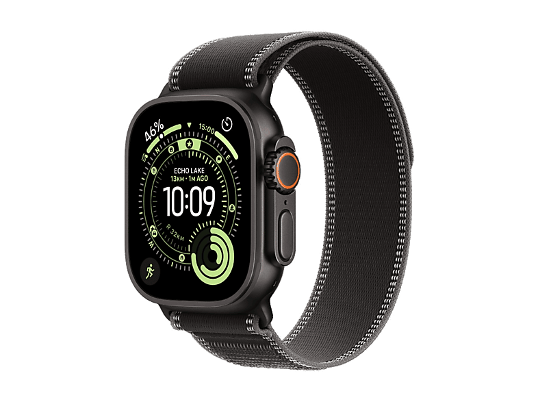 Apple Watch Ultra 3 GPS + Cellular koperta 49 mm z tytanu w kolorze czarnym, opaska Trail w kolorze czarnym/węgla drzewnego - rozmiar M/L