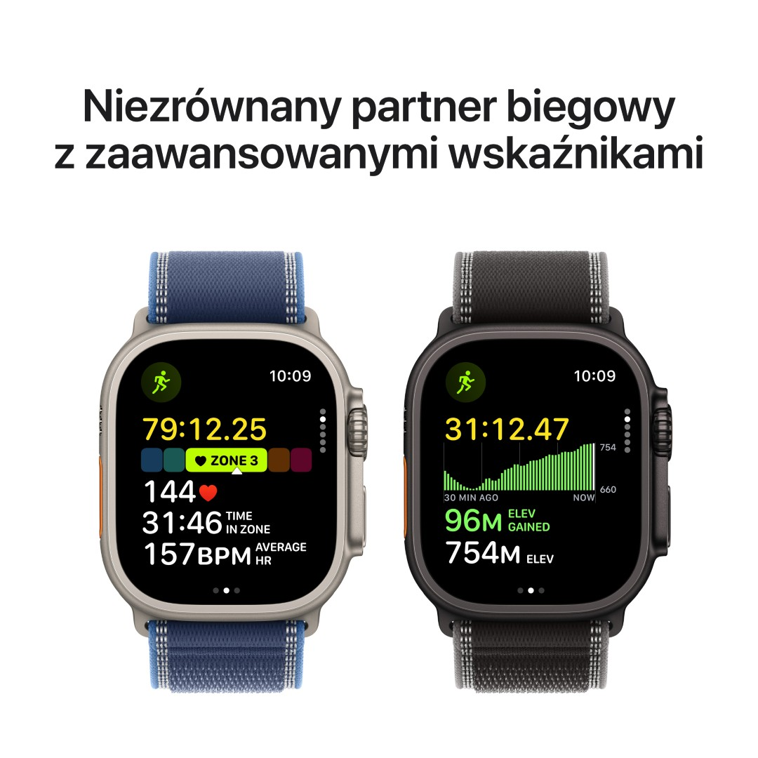 Dwa smartwatche z metrykami biegowymi. Jeden z niebieskim paskiem, drugi z czarnym. Oba pokazują czas, tętno i inne dane.
