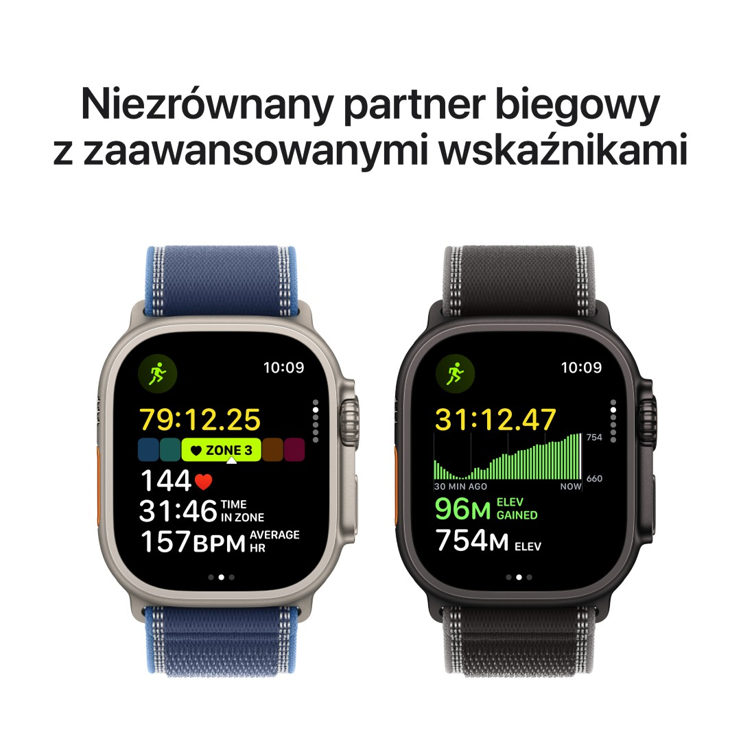 Dwa smartwatche z danymi biegowymi. Jeden ma niebieski pasek, drugi czarny. Oba pokazują czas, tętno i dane strefy.