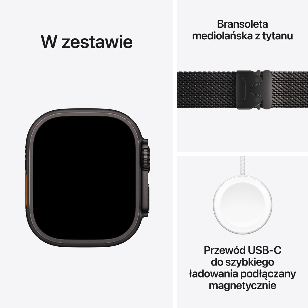 Pokazano Apple Watch, metalową opaskę i magnetyczną ładowarkę. Tekst mówi: 'W zestawie'. Zegarek ma czarny ekran.