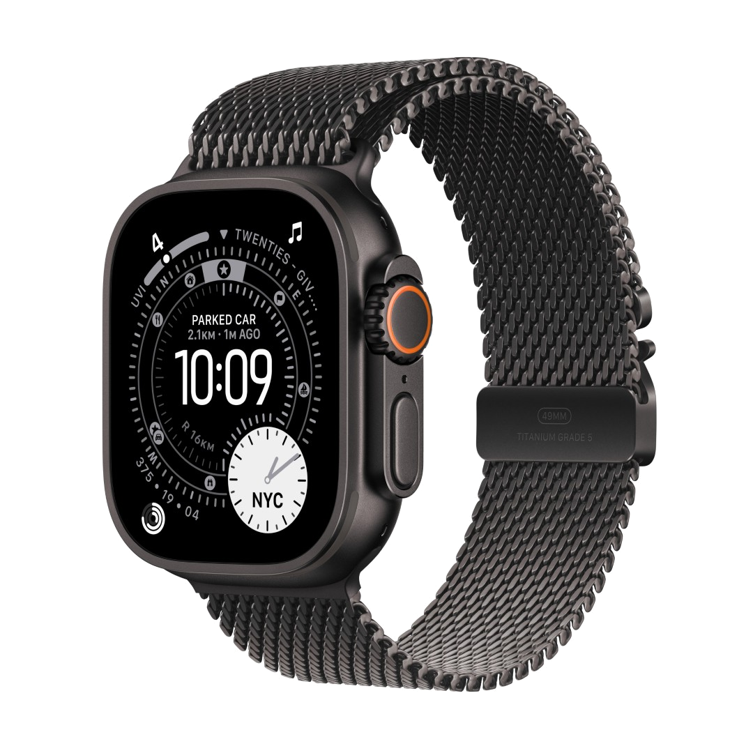 Czarny Apple Watch Ultra z siatkowym paskiem. Tarcza wyświetla godzinę, datę i lokalizację. Pomarańczowe detale z boku.