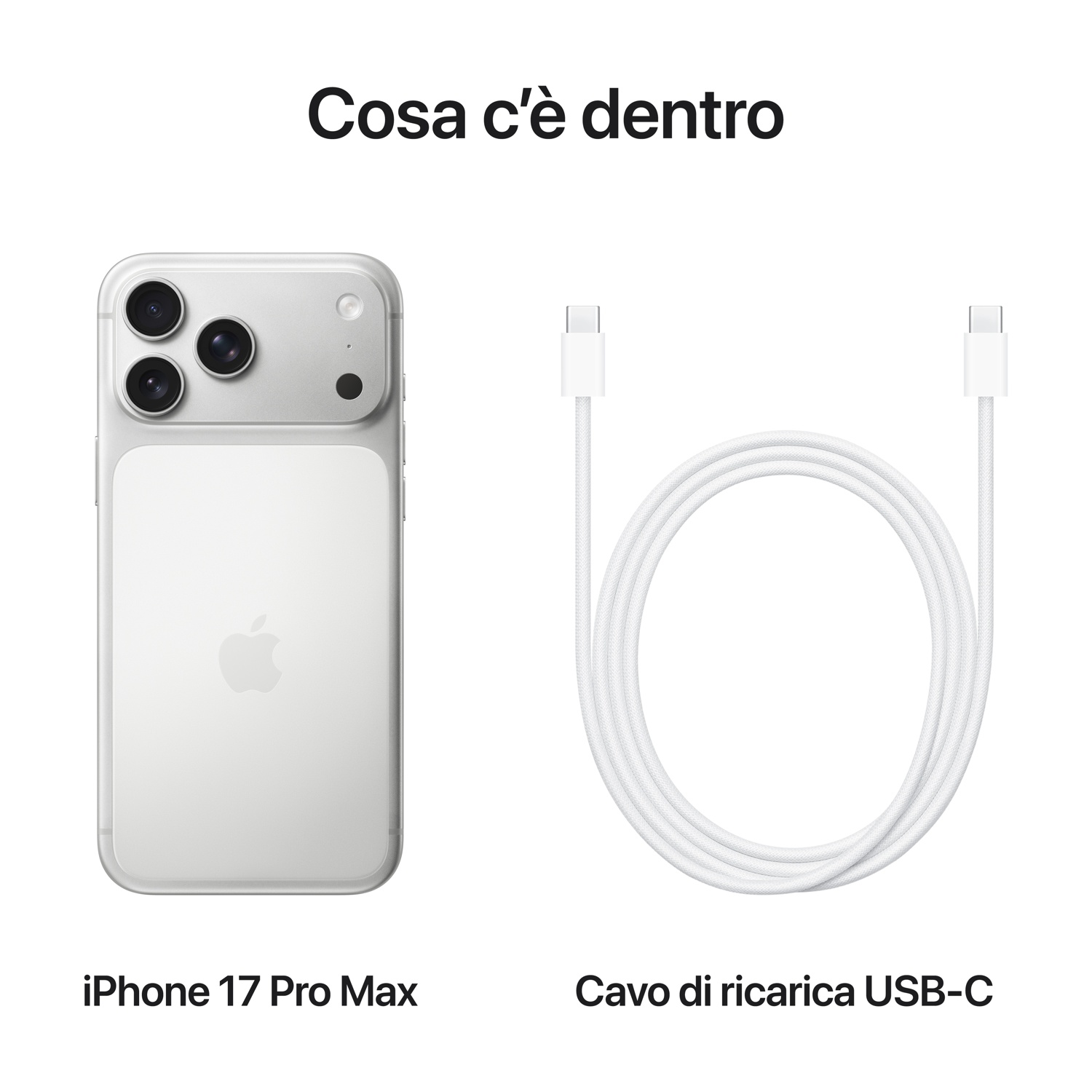 Un iPhone 17 Pro Max e un cavo di ricarica USB-C sono mostrati su sfondo bianco. Il telefono è argento e il cavo è bianco.