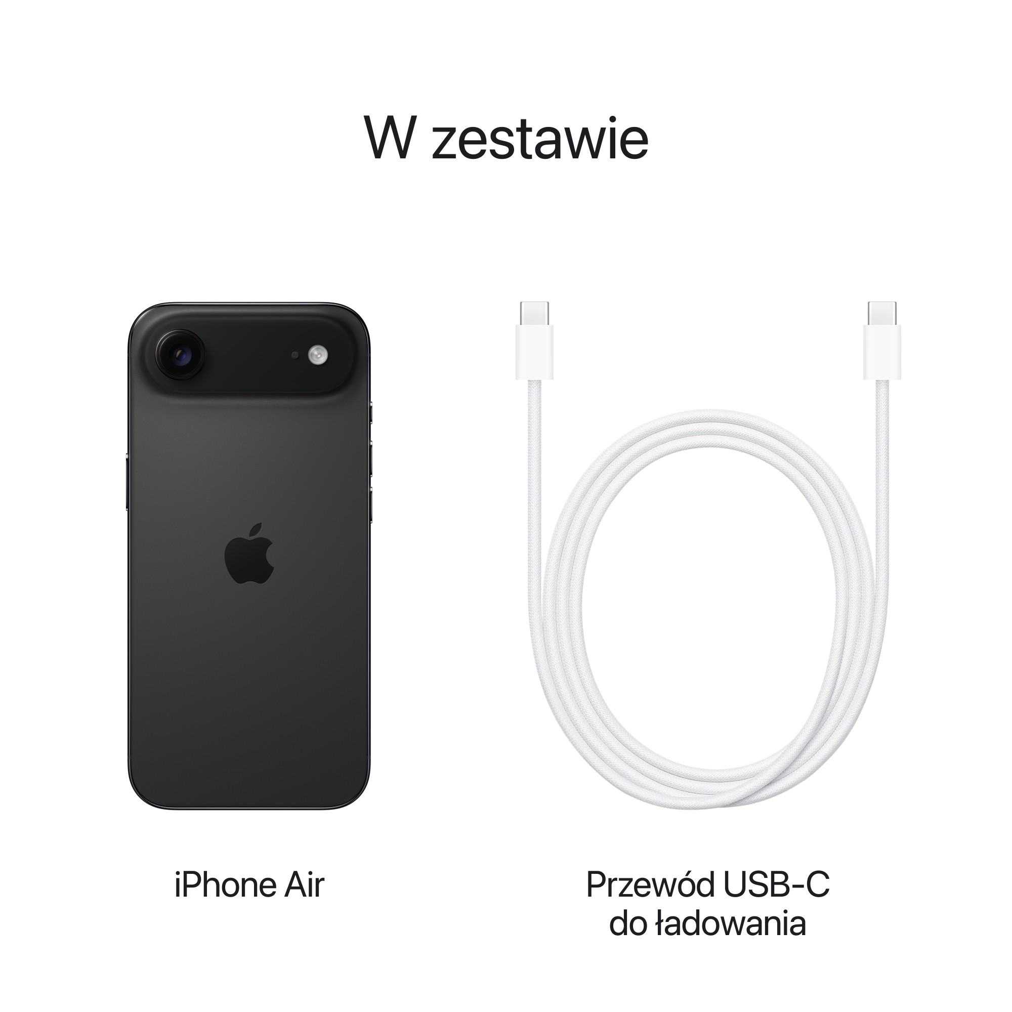 Czarny iPhone Air i biały kabel ładujący USB-C na białym tle. Tekst 'W zestawie' na górze.