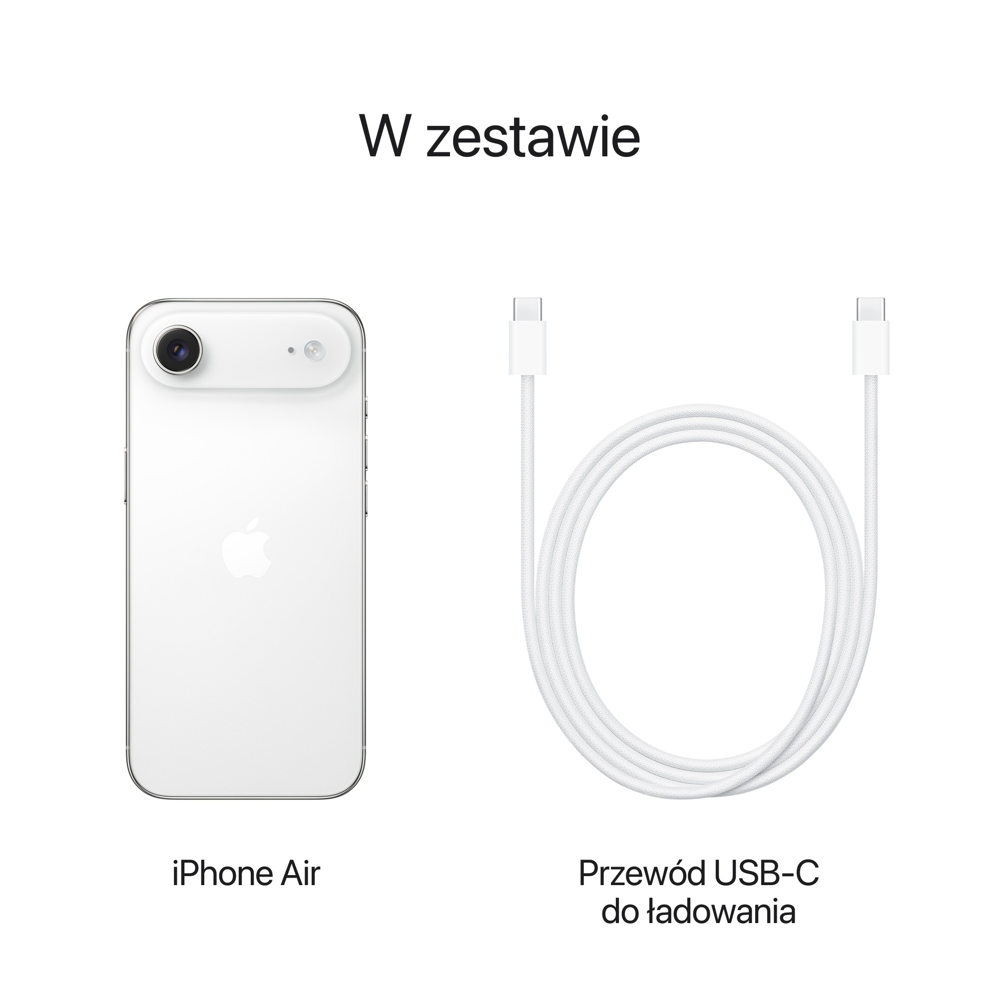 Biały iPhone Air i kabel ładujący USB-C na białym tle, z polskim tekstem 'W zestawie'.
