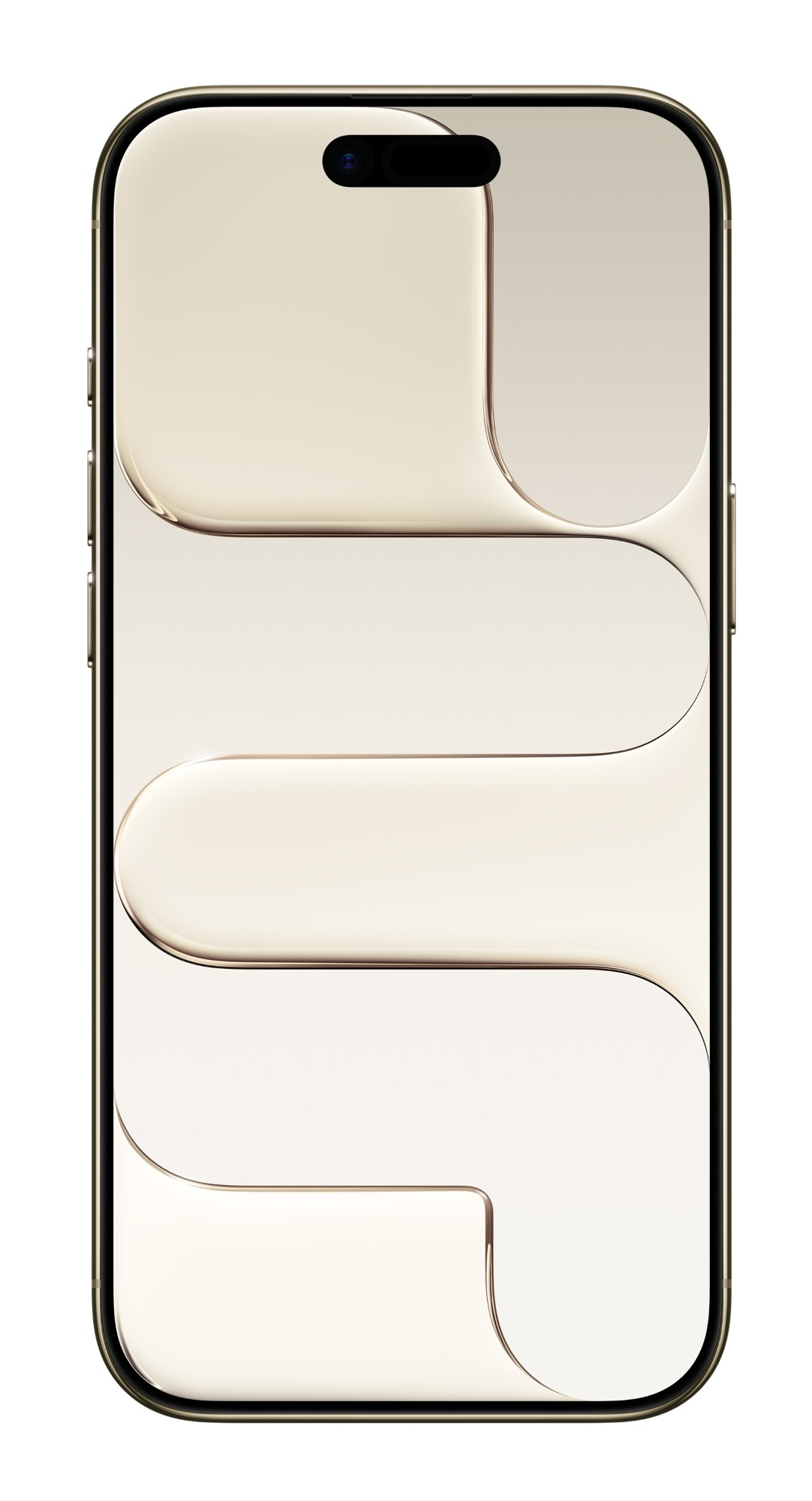 Złoty smartfon o unikalnym designie. Posiada czarną sekcję aparatu i jasnokremowy wyświetlacz z zakrzywionymi kształtami.
