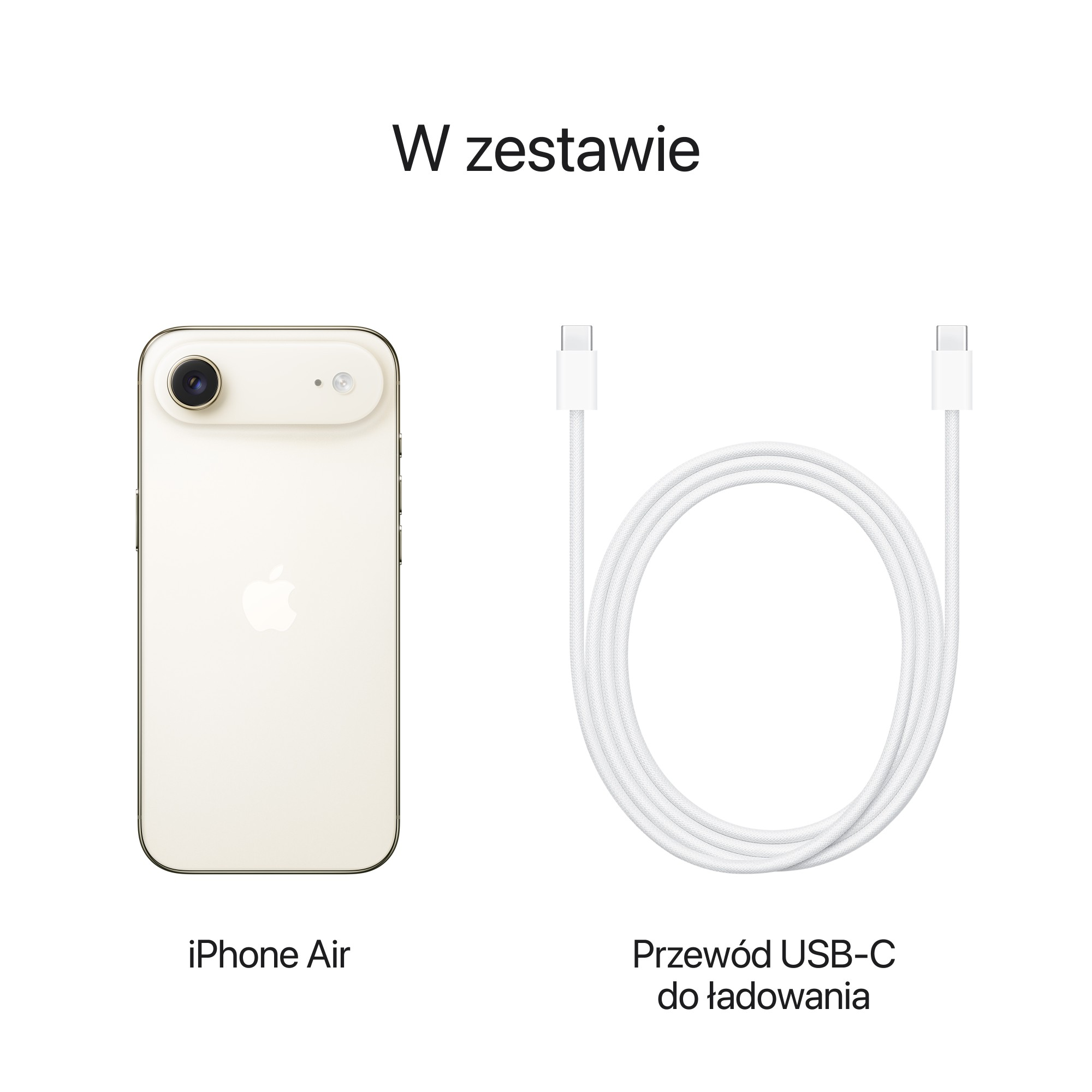iPhone Air i biały kabel USB-C do ładowania na białym tle. Napis 'W zestawie'.