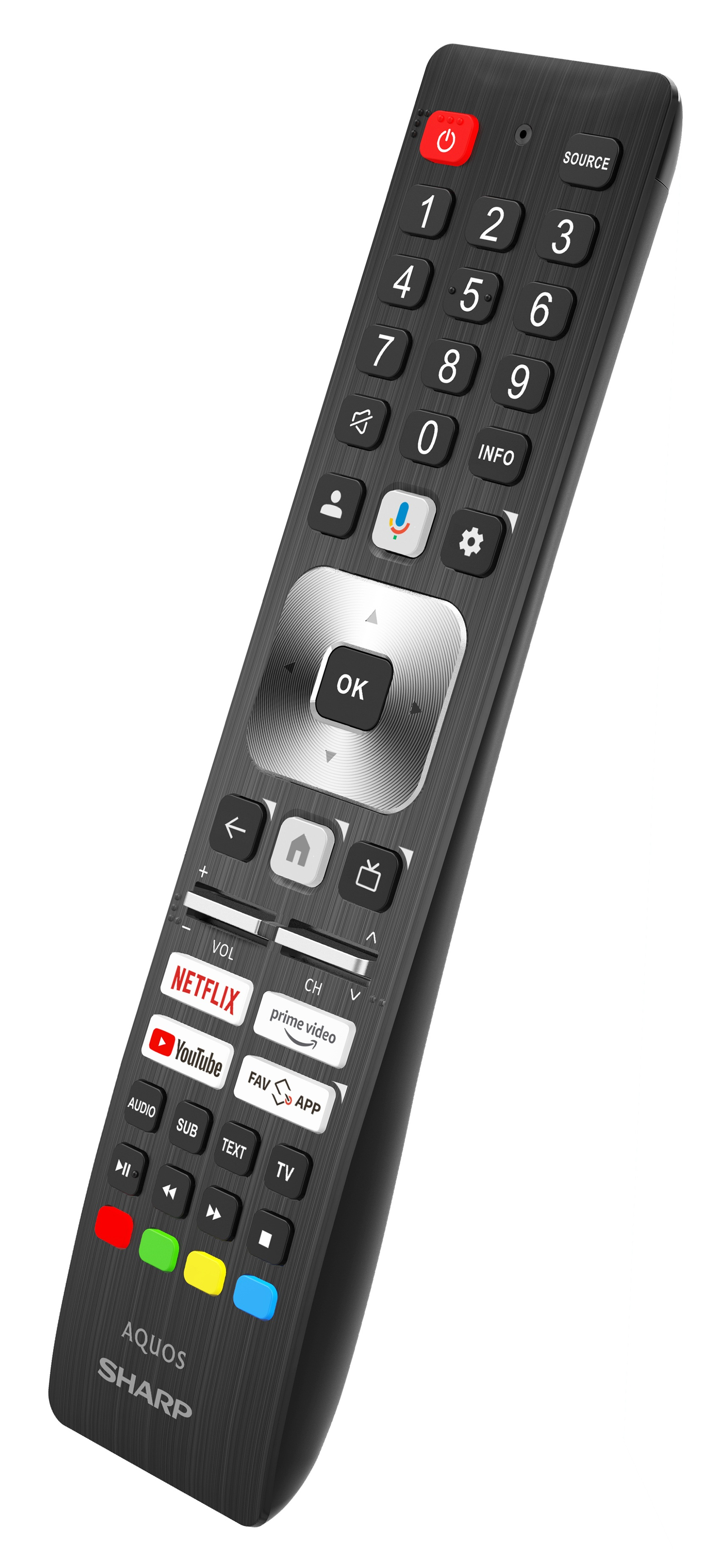 Czarny pilot do telewizora Sharp z wieloma przyciskami, w tym Netflix, YouTube i regulacją głośności.