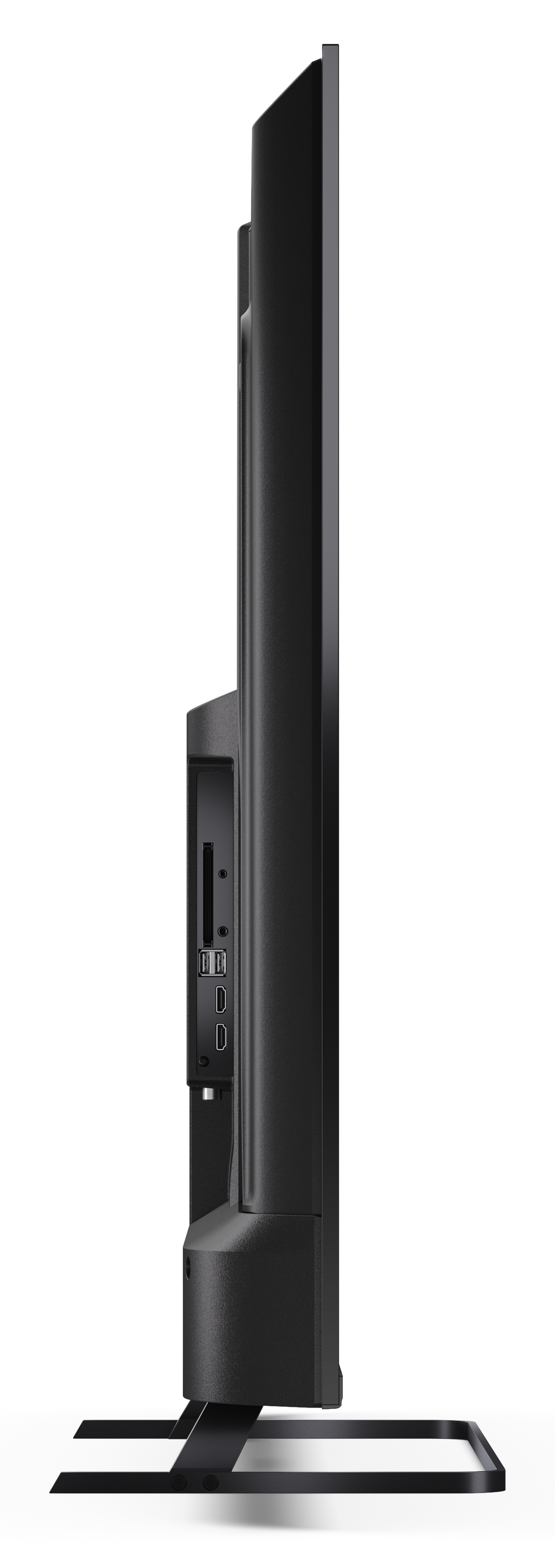 Widok z boku czarnego telewizora. Pokazuje porty, podstawę i cienką ramkę.