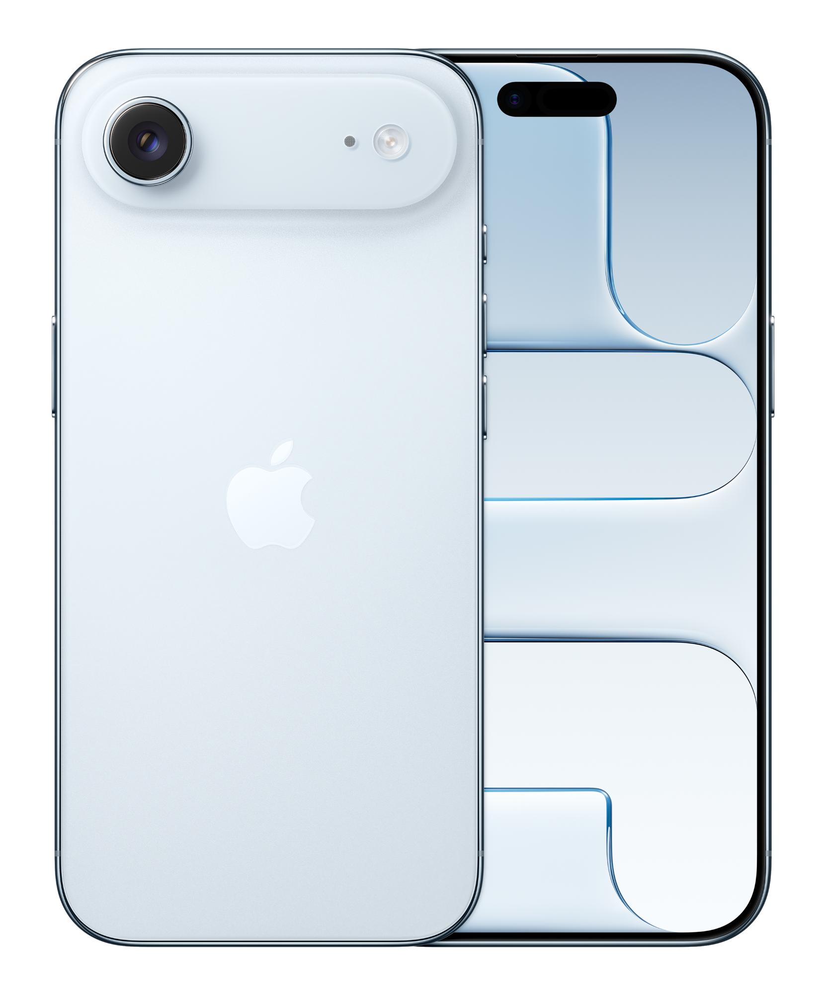 Jasnoniebieski smartfon z aparatem i lampą błyskową z tyłu, obok niebieskiego, zakrzywionego panelu szklanego. Widoczne logo Apple.