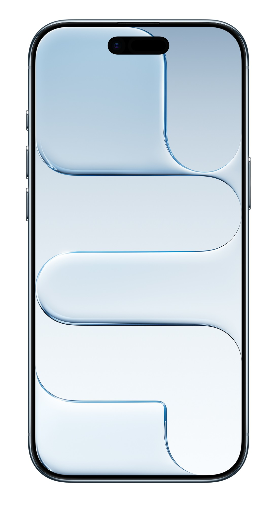 Smartfon z zakrzywionym ekranem, z jasnoniebieskim gradientem. Ekran ma unikalny design z zaokrąglonymi kształtami i górnym aparatem.