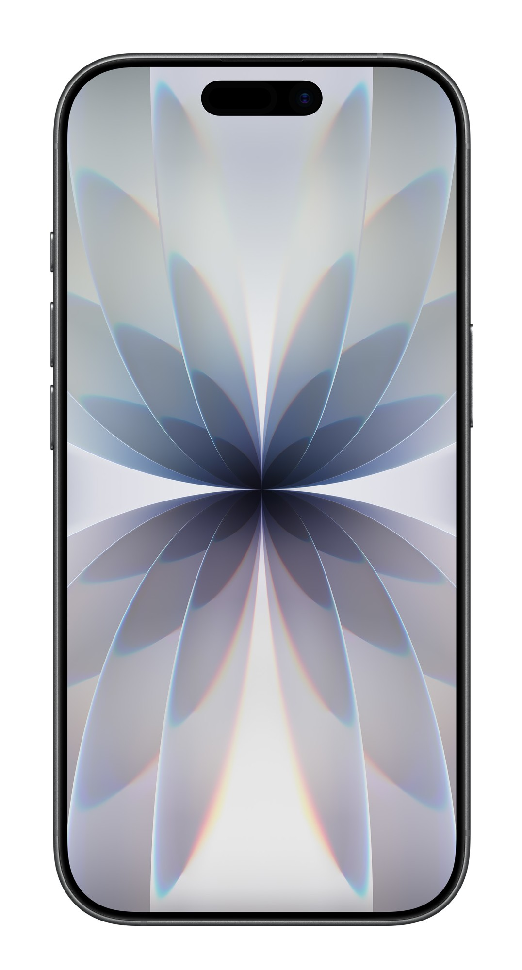 Ekran smartfona wyświetla wzór przypominający kwiat w odcieniach szarości. Telefon ma czarną ramkę i wycięcie na aparat.