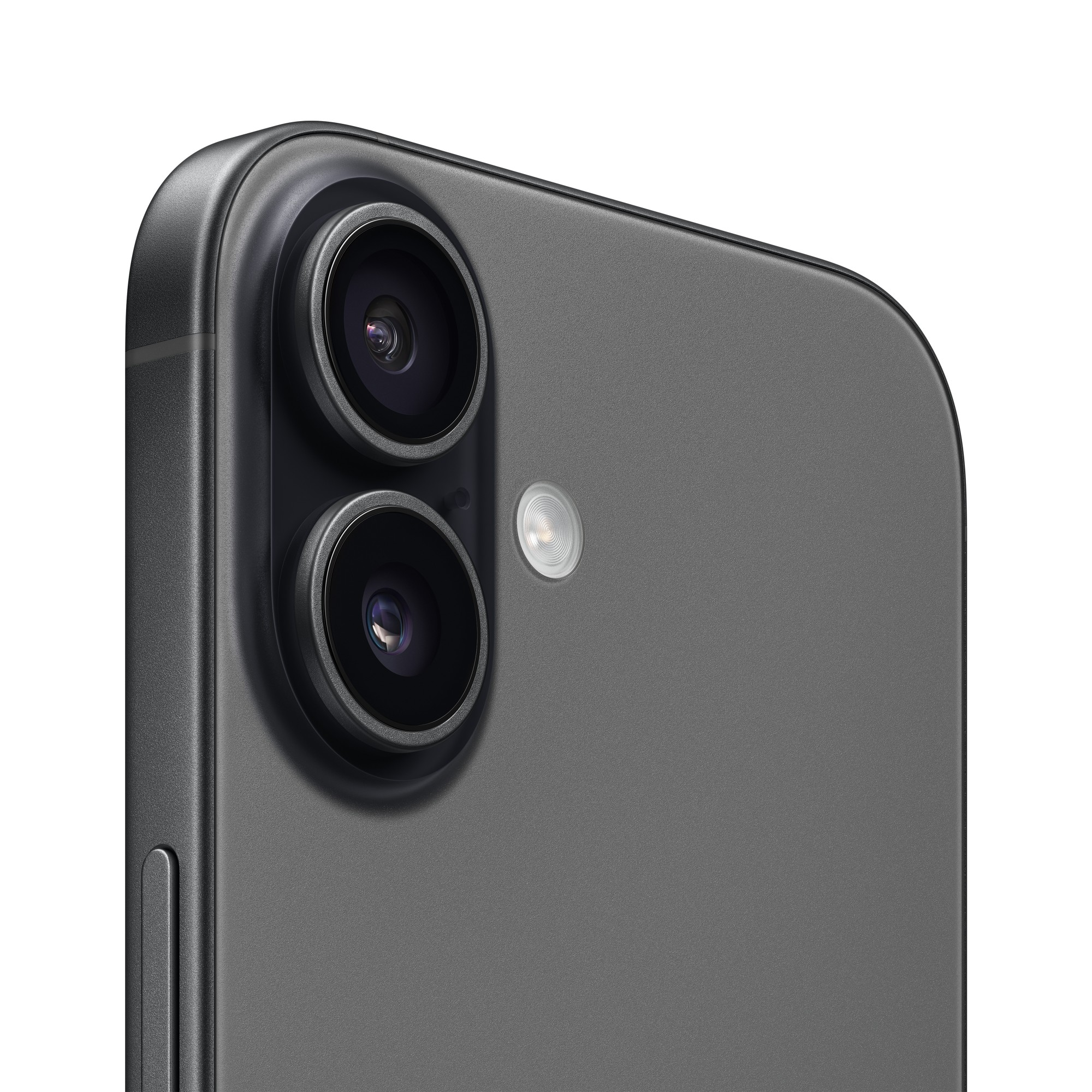 Zbliżenie modułu aparatu ciemnoszarego smartfona z dwoma obiektywami i lampą błyskową na białym tle.