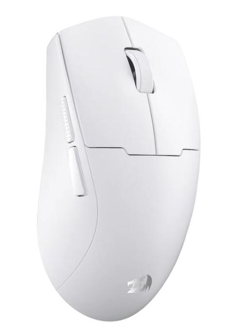 Biała mysz komputerowa z kółkiem przewijania i bocznymi przyciskami na białym tle. Obecne jest logo.