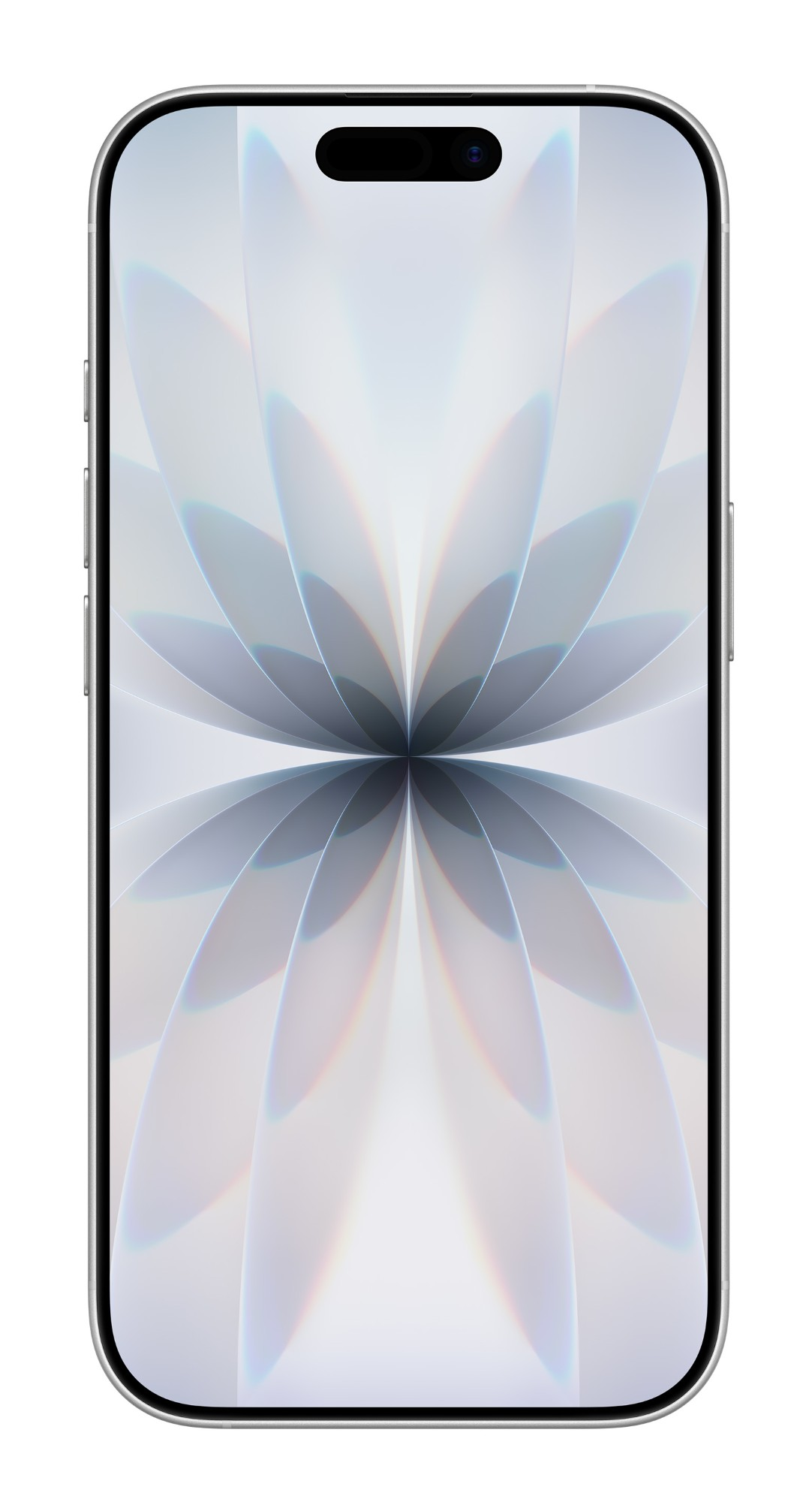 Srebrny smartfon wyświetla na ekranie kwiatowy wzór. Ekran ma czarne wycięcie na aparat u góry.