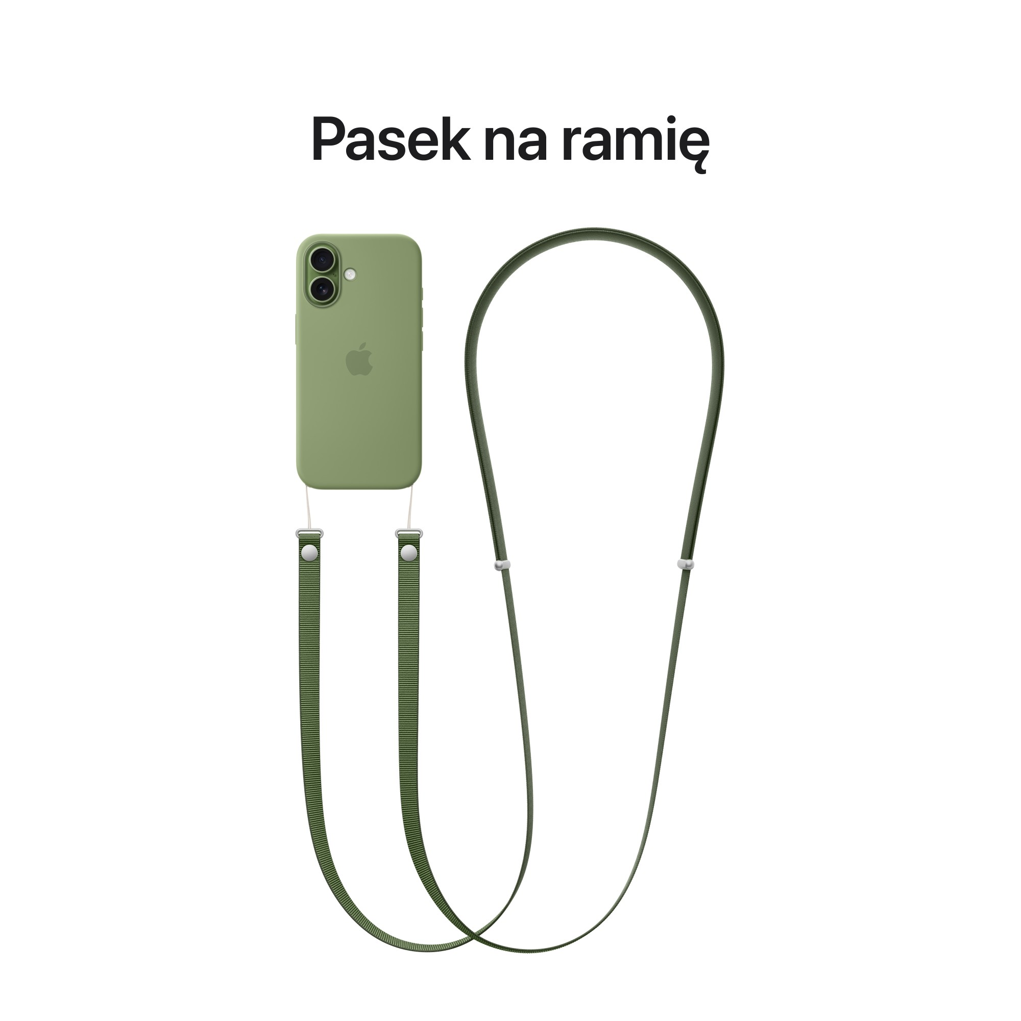 Zielone etui na telefon z paskiem. Etui jest przymocowane do paska metalowym elementem. Białe tło.