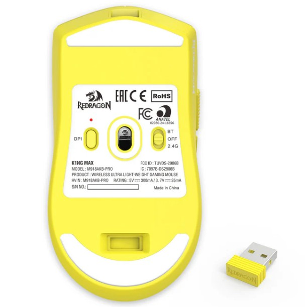 Żółta mysz gamingowa Redragon z odbiornikiem USB. Szczegóły: DPI, przełącznik BT/OFF/2.4G i informacje o produkcie.