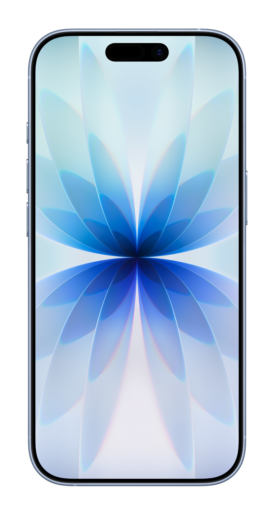 Smartfon z kwiatowym wzorem na ekranie. Telefon jest jasnoniebieski z zaokrąglonymi rogami. Ekran ma dynamiczny wzór kwiatowy.