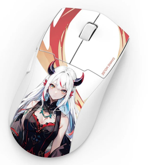 Biała mysz gamingowa z grafiką dziewczyny z anime. Ma czerwone i czarne akcenty. Dziewczyna ma białe włosy i czerwone rogi.