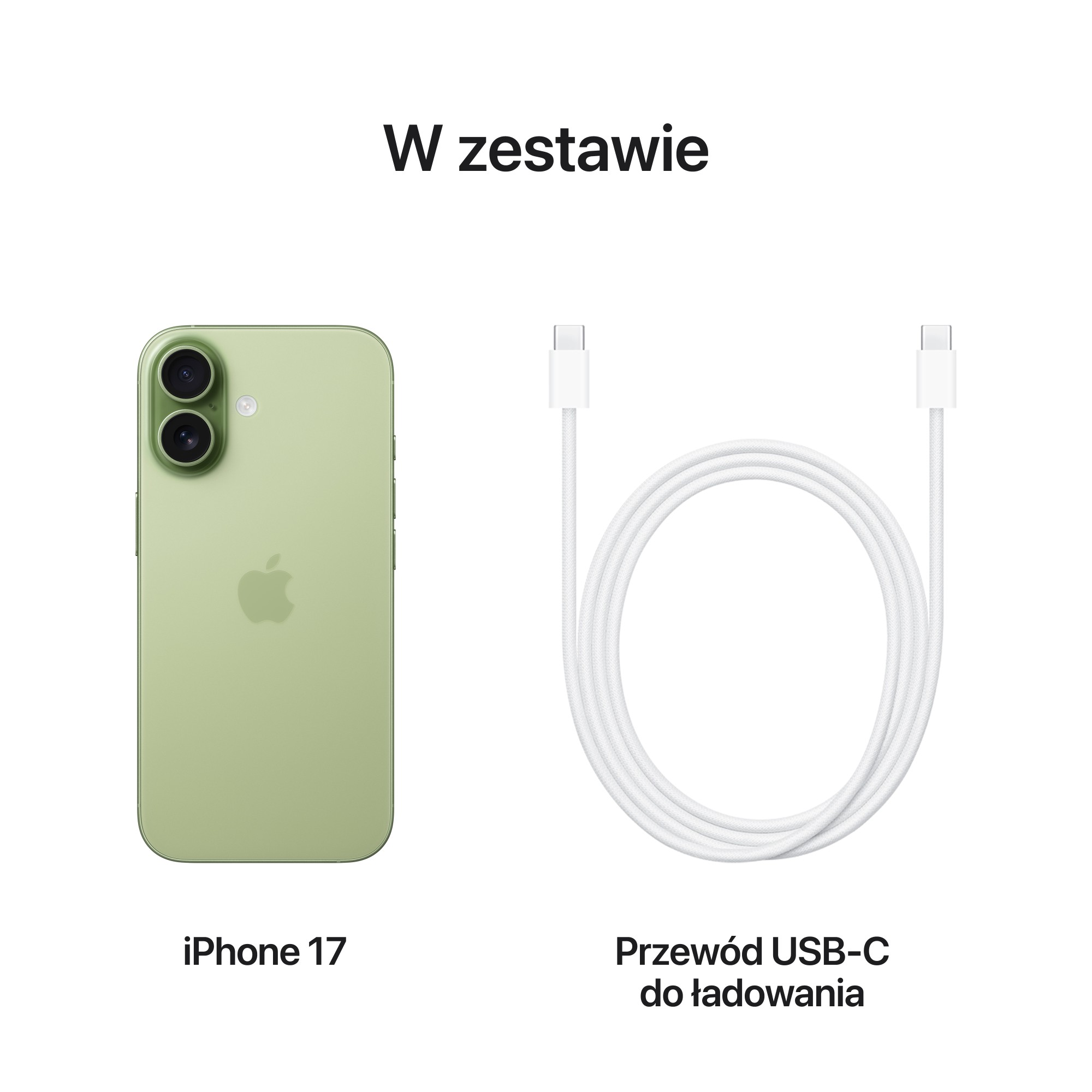 Zielony iPhone 17 i biały kabel USB-C do ładowania na białym tle. Tekst: 'W zestawie' (W zestawie).