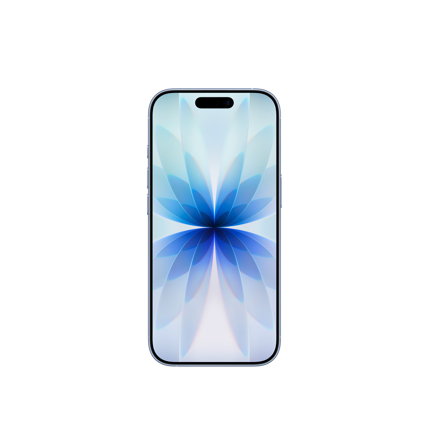 Un teléfono inteligente con marco azul y pantalla con patrón floral azul. El fondo es blanco.