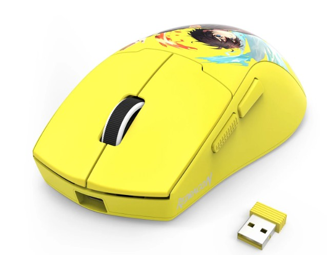 Żółta mysz komputerowa z motywem postaci z anime. Odbiornik USB znajduje się po prawej stronie. Mysz ma kółko przewijania.