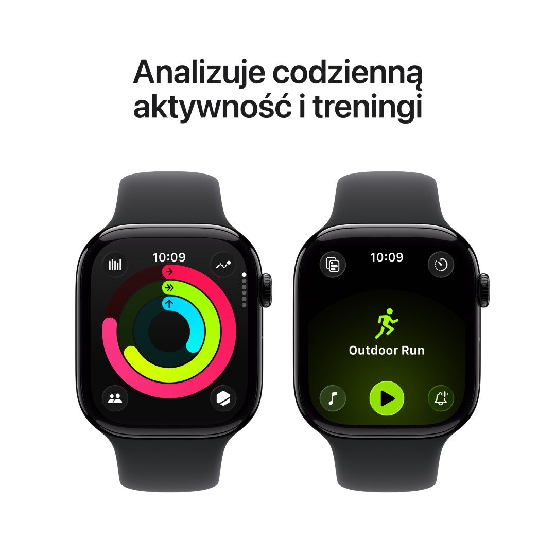 Dwa czarne smartwatche wyświetlające dane fitness. Jeden pokazuje pierścienie aktywności, drugi interfejs biegu na zewnątrz.