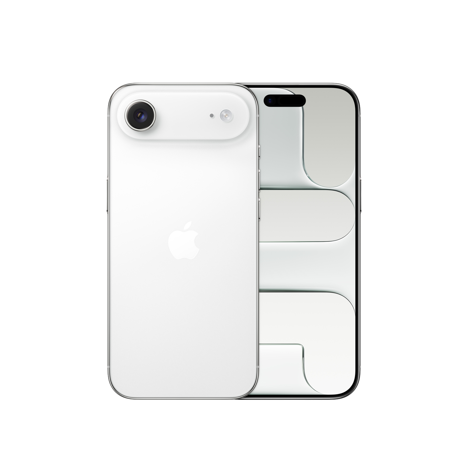 Ein weißes iPhone, das die Rückseite und den Bildschirm zeigt. Die Rückseite hat eine Kamera und das Apple-Logo. Der Bildschirm zeigt ein hellgrünes Hintergrundbild.