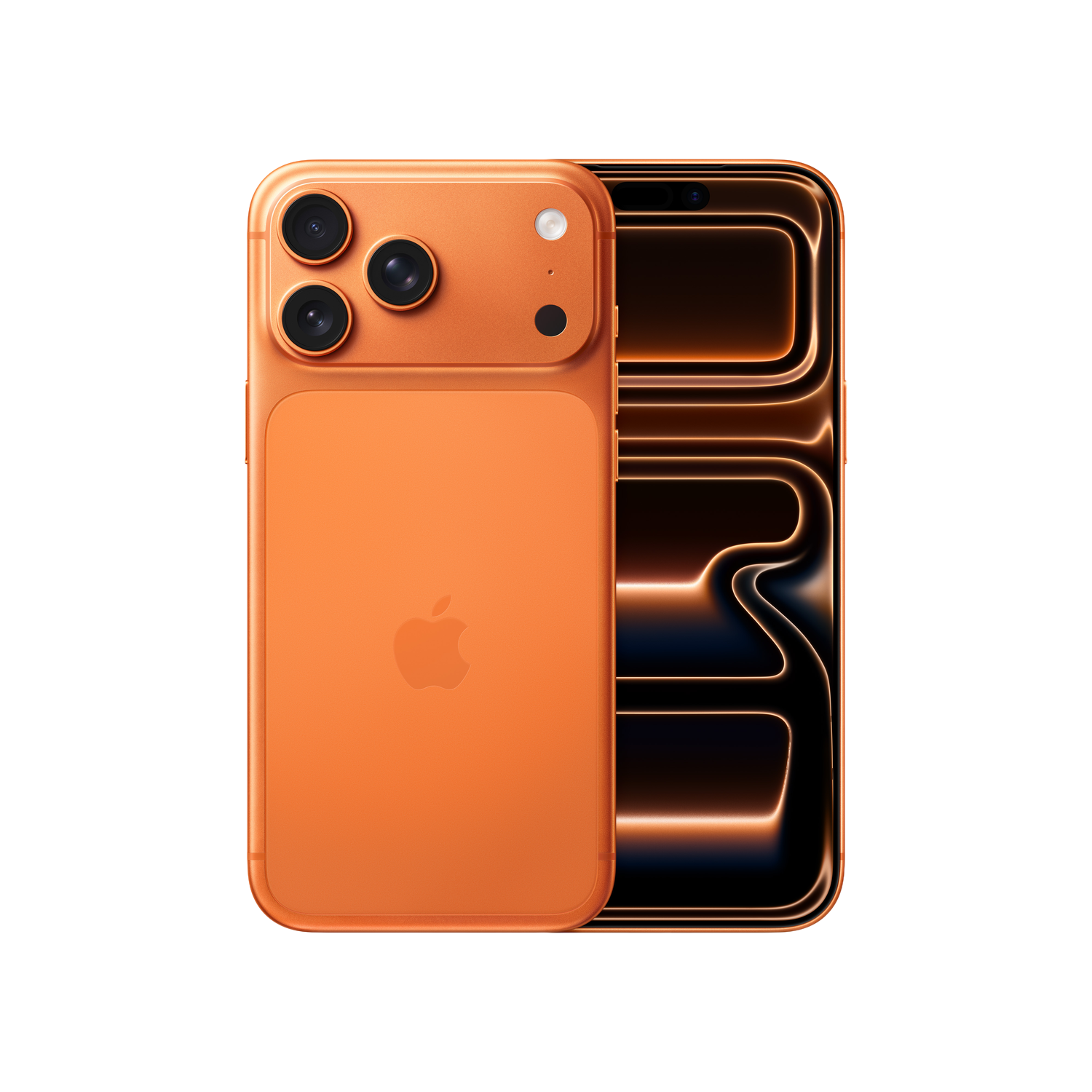 Oranges Smartphone, Rück- und Vorderansicht. Drei Kameras und Blitz auf der Rückseite. Display zeigt leuchtende Linien. Apple-Logo sichtbar.