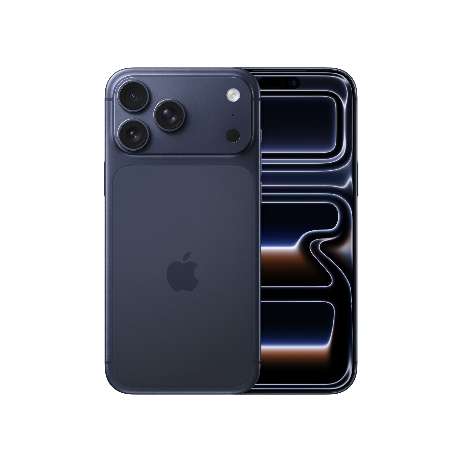 Ein dunkelblaues iPhone, das die Rückseite mit Kameralinsen und die Vorderseite mit dem eingeschalteten Bildschirm zeigt.