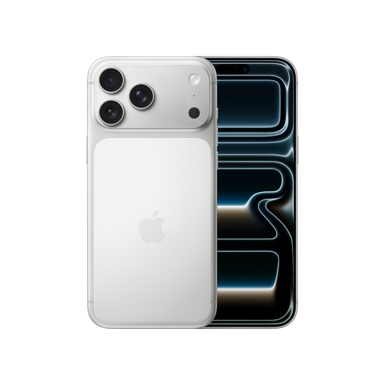 Ein silbernes iPhone, das die Rückseite und den Bildschirm zeigt. Drei Kameras sind sichtbar. Der Bildschirm zeigt ein helles, abstraktes Design.